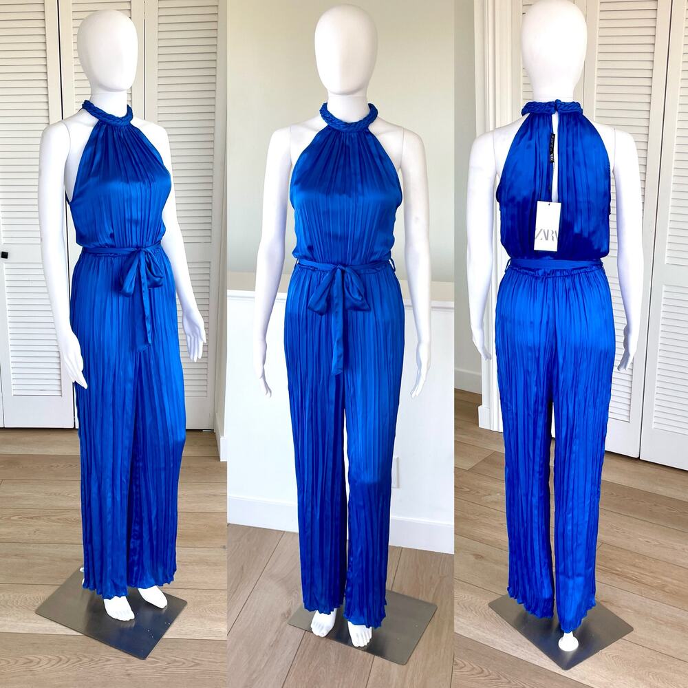 ZARA BELTED HALTER SATIN PLEATED JUMPSUIT BLUE S, M